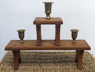 Handmade wood and brass two tiered triple taper candle holder