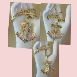 San Judas,virgen de guadalupe,San benito collar de ancla oro laminado/gold plate $35  EACH