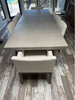 Restoration Hardware 108” Concrete Dining Table + 8 Upholstered Chairs – Luxury Designer Dining Set