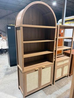 84.2" Tall Arched Bookcase with Doors - 5 Tier Rattan Bookshelf