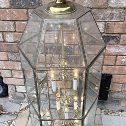 Large Hexagonal Brass And Beveled Glass 12 Light Entryway Chandelier.