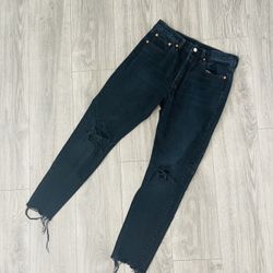 Black 501 distressed Levi’s high waisted button fly.  Bin Strawberry 