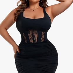 2XL Black Women’s Plus Size Sexy Ruched Bodycon Dress Sleeveless Square Neck Club Party Dress