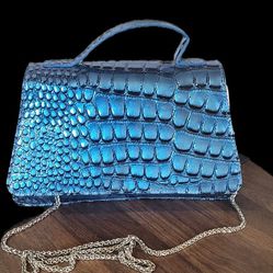 Geir Ness Norway Laila Metallic Blue Croc Purse With Metal Strap NEW With Tag 10"X8"