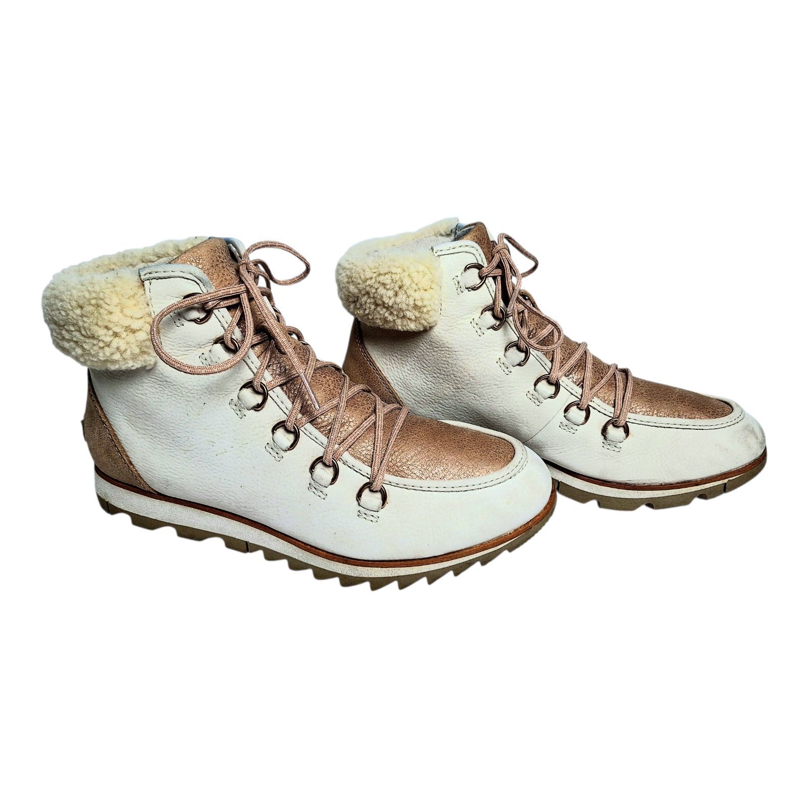 Sorel Explorer Joan Faux Fur Boots Womens 9.5 Sea Salt Metallic Gold Sherpa