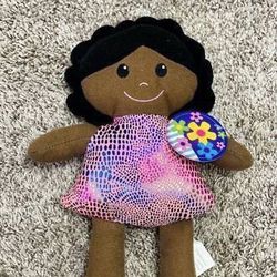 Black Girl Stuffed Plush Figurine Doll With Colorful Dress