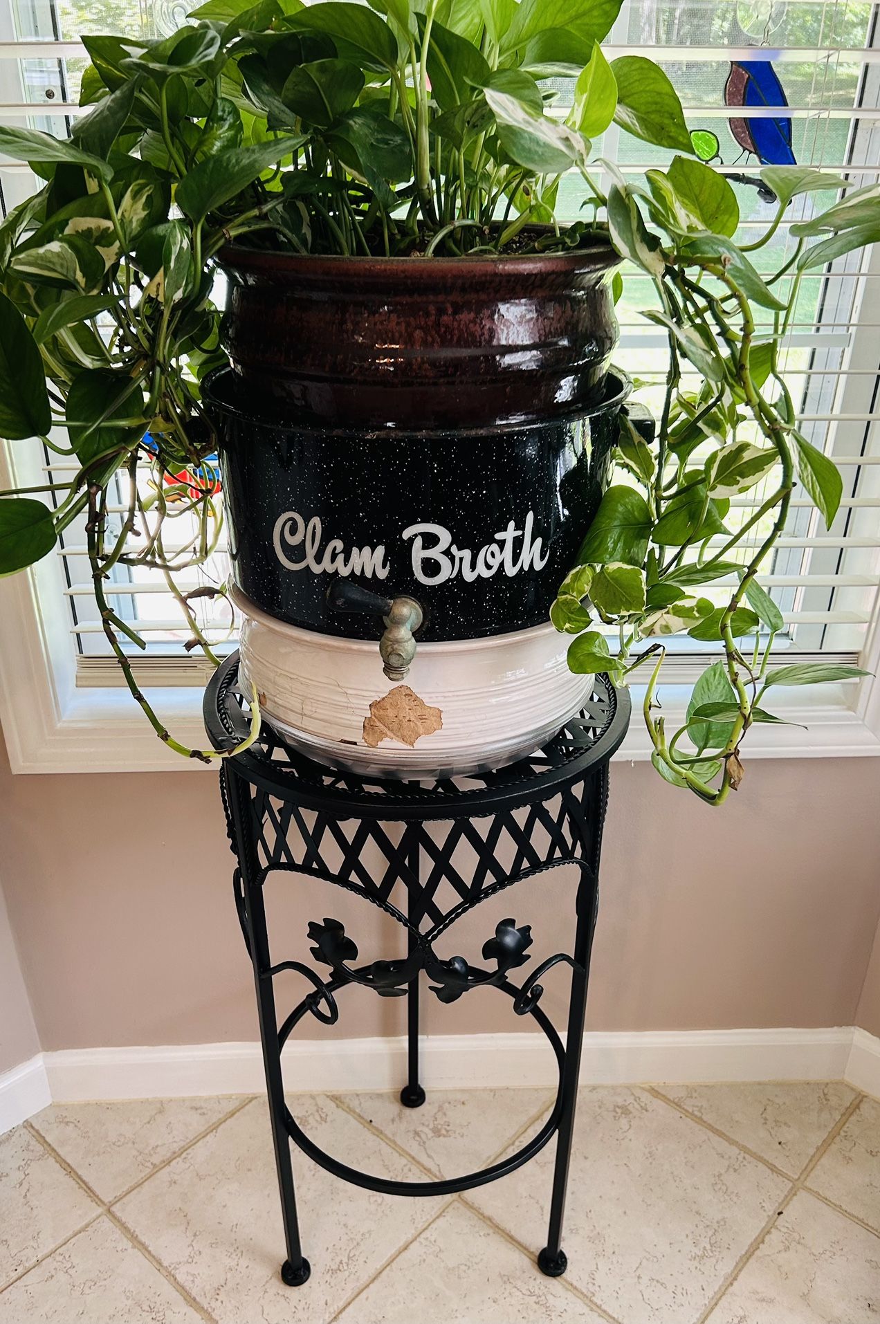 Vintage Graniteware Repurposed Clam Broth Pot and Chippy Terracotta Planter