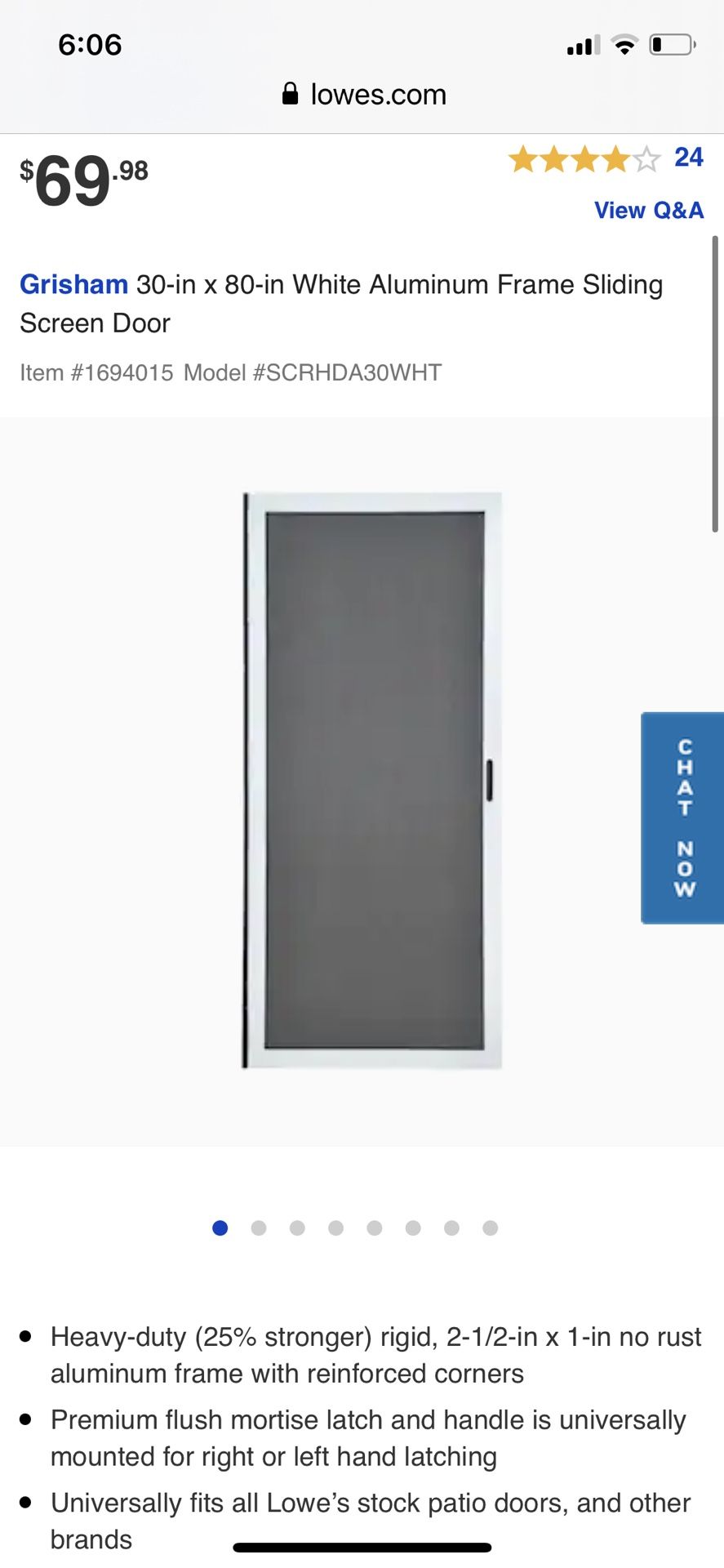 GRISHAM SLIDING SCREEN DOOR WHITE ALUMINUM FRAME 30 INCHES WIDE BY 80 INCHES LONG BRAND NEW