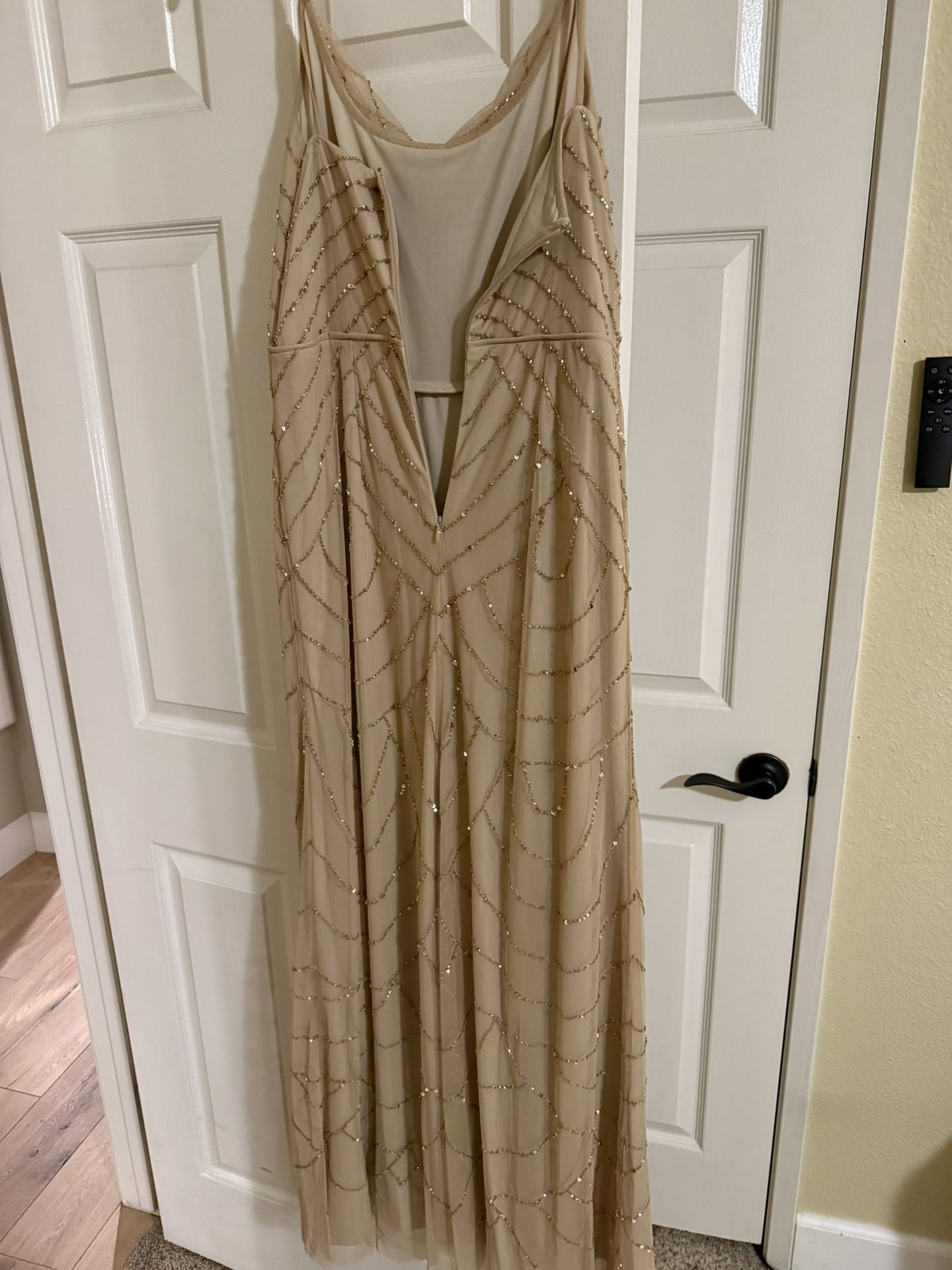 adrianna papell champagne beaded dress Plus Size Hand Beaded Short Sleeve Floral Godet Gown In Champagne Gold main image 1