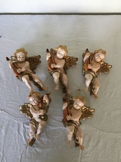 Five Molded Plastic Handpainted Cherub Angel Christmas Ornaments