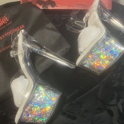 Pleasers 7 Inch Stilettos, Clear, Sparkly, Silver Brand New Never Worn