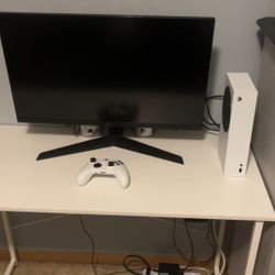 xbox one s setup monitor, xbox, controller,desk