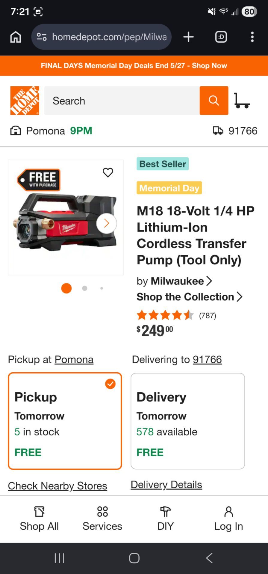 M18 18-Volt 1/4 HP Lithium-lon Cordless Transfer Pump (Tool Only