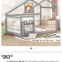 Gray Twin Wooden Bed with Shelf for Kids, Montessori  House Bed