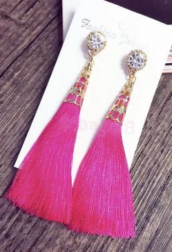 WHITE PINK GOLD BOHO FRINGE DANGLE TASSEL EARRINGS