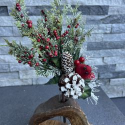 Christmas Decor With Cardinal Bird On Wood Base