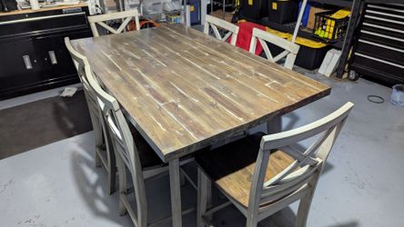 Solid wood rustic farmhouse dining room table, bar height, plus six chairs