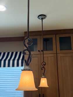 Set of 2 Wrought Iron & Amber Glass Pendant Lights