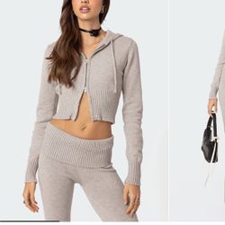 Grey knitted hooded cardigan