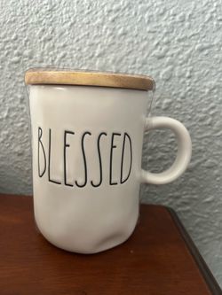 Mother’s Day Gift  Rae Dunn "BLESSED" Ceramic Mug with Wooden Lid - 16oz