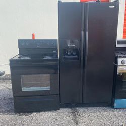 Black Side By Side Refrigerator And Range 