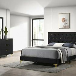 Kendall - 4-Piece Tufted Panel Queen Bedroom Set - Black And Gold
