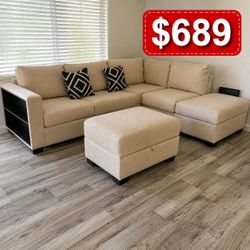 Beige Sectional Sofa with Ottoman