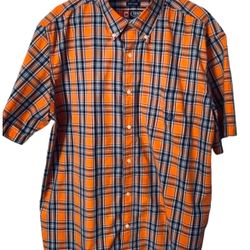 Chaps Men’s XXL Orange Navy Plaid Button-Down Shirt Short Sleeve Easy Care
