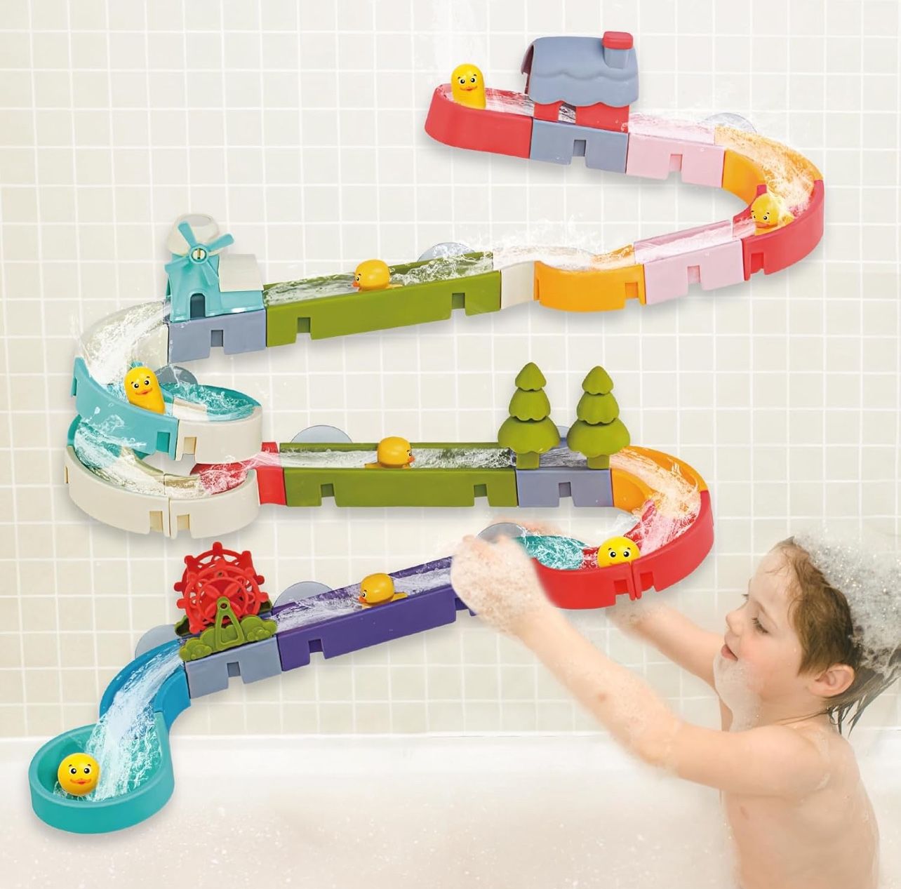 Duck Slide Bath Time Toys for Kids Wall Track Building Set Excellent Condition!