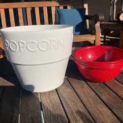 Crate & Barrel Large Popcorn Bowl And Red Sharing Bowls
