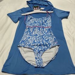 NEW Spyder Youth One Piece Swimsuit & Hooded Cover Up , Size XL (16) 30+UPF, Blue