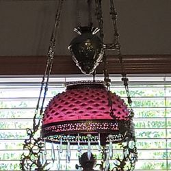 ANTIQUE CRANBERRY GLASS HOBNAIL FENTON STYLE CHANDELIER LAMP