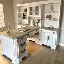 Stunning Wall Unit White T or L Corner Reception Office Law Desk with Bookshelves on top like new