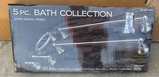 Homezone 5 Piece Bath Collection, Satin Nickel - towel bars, robe hook, towel ring, tissue roll