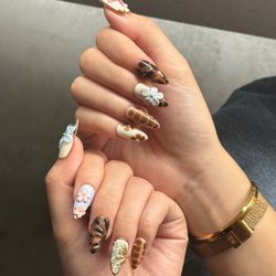 Brown Marble Press On Nails | Latte Swirl with 3D Flowers