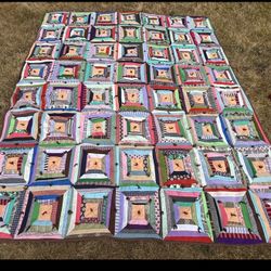 Vintage Patchwork Crazy Quilt Log Cabin Tied Scrap Quilt 73x85 Boho Multicolored