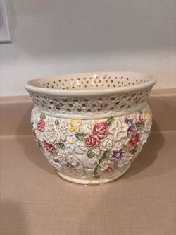 Ceramic Planter with Raised Floral Design