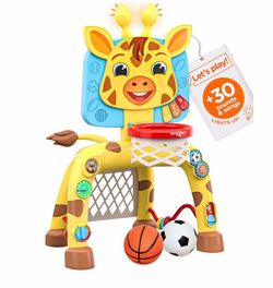 (C-1) Move2Play, Giraffe Basketball Hoop & Soccer Goal Activity Center | 30+ Sounds & Songs + 5 Lights | 1 2 3 Year Old Birthday Gift for Boys and Gir
