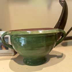 Italian 181/2 “ Ceramic Clay Wide  Bowl with Handles in Antique Green