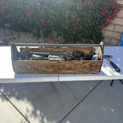 Antique primitive, wood toolbox carrier.    No tools are included. Just box carrier.