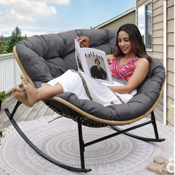 Indoor Outdoor Papasan Rocking Chair with Padded Cushion, Oversized Patio Balcony Rocker Chairs, All-Weather Wicker Egg Royal Chair, Wide Cozy Comfy R