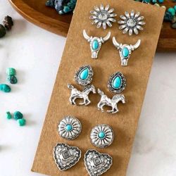 6 Pairs Of Western Turquoise Earrings 