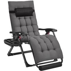 26in Zero Gravity Recliner with Padded Mattress for Autumn and Winter, Outdoor Folding Lounge Chair with Headrest Cupholder/ Footrest