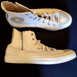 CONVERSE Chuck Taylor All Star Side Zip Hi-Top Sneaker White Canvas Silver Toe Heel W 8