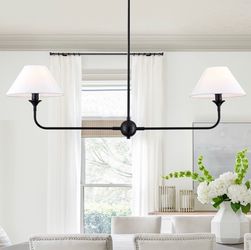 2-Light Black Linear Chandelier with White Shades