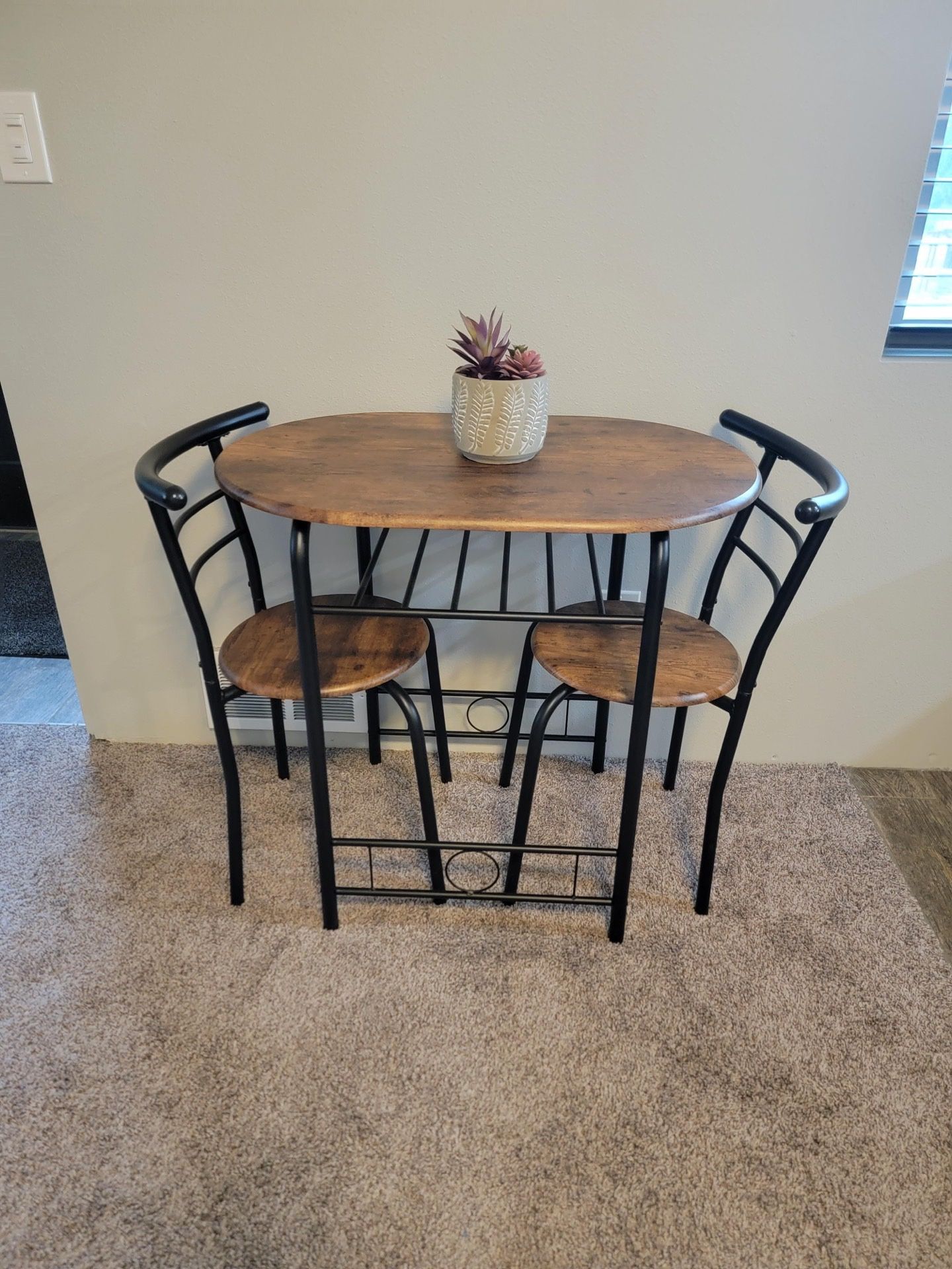 For Sale: Brand New 3-Piece Dining Set – $60  Upgrade your dining area with this stylish and space-saving set! Includes: 	•	1 round table (31.5” W x 1