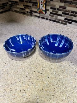2 Hand Thrown Navy Blue Pottery Bowls