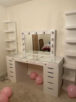 Vanity, glass, shelves