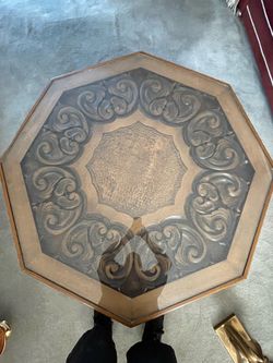 Vintage Octagonal Glass Coffee Table – Ornate Wood Base