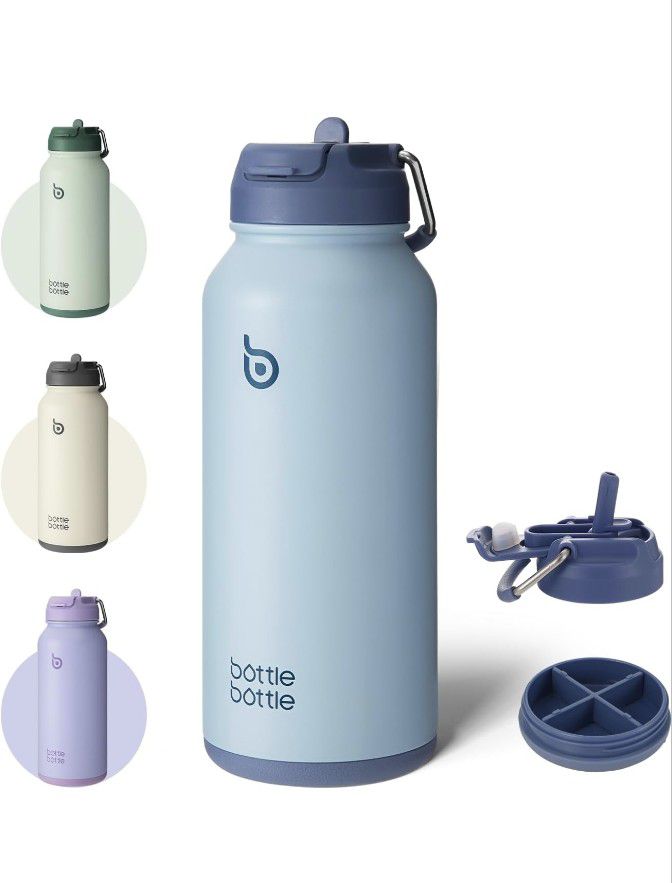 32oz Insulated Water Bottle Stainless Steel Sport Water Bottle with Straw Dual-use Lid Design for Gym with Pill Box (blue)